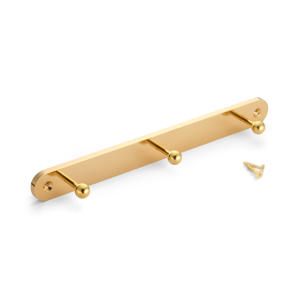 Vysoce kvalitní věšák na kabáty se třemi háčky, se sférickými špičkami, povrchová úprava: zlatá, 240 mm (9,5"), MBF240-G. Šatní tyč pro chodbu, kancelář, hotel, restauraci, ložnici a mnoho dalšího, Sugatsune / LAMP® (Japonsko)