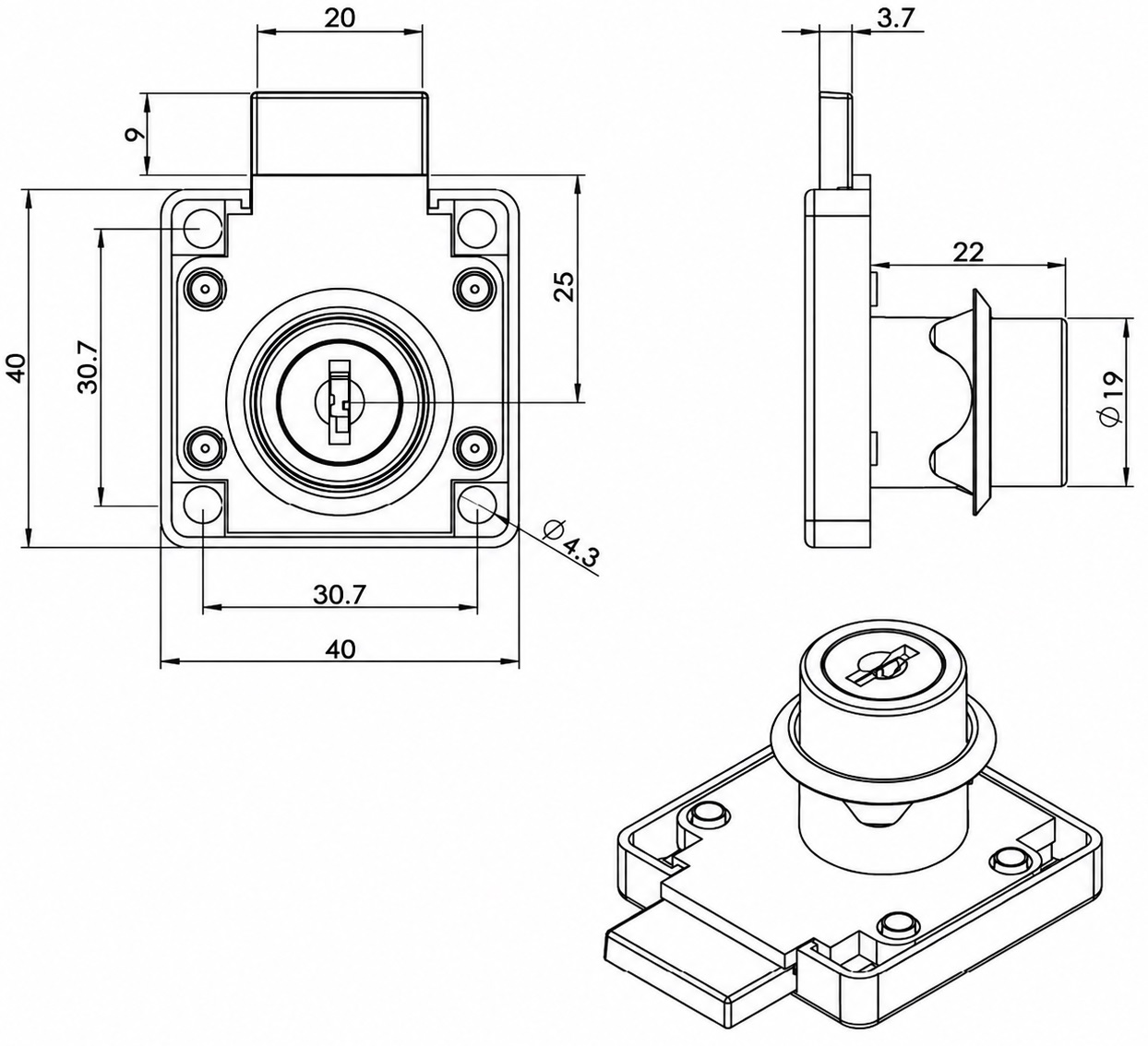 Vysoce kvalitní zámek na krabici, povrch: černý, ⌀19 mm (3/4"), verze: levé zavírání, 14.01.062-5. Robustní šroubovací zámek pro dveře skříněk, dveře nábytku, kancelářské skříně, kartotéky a mnoho dalšího, od SISO Dánsko - Obrázek 4
