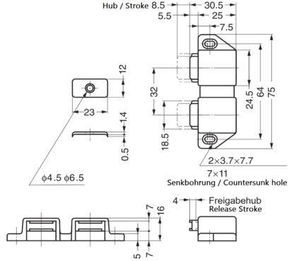 Kompaktní magnetická klopa, včetně protidesky, povrch: hnědá, 25 mm (63/64"), verze: se 2 písty, ML-30WBR. Dvojitý otvírač dveří pro nábytková dvířka, dvířka skříněk a mnoho dalšího, od Sugatsune / LAMP® (Japonsko) - Obrázek 2