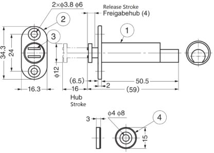 2 kusy magnetických západek, k vrtání, vč. protidesky, MC-U60. Otvírač dveří push-to-open pro nábytková dvířka, dvířka skříněk, klapky skříněk a mnoho dalšího, od Sugatsune / LAMP® (Japonsko) - Obrázek 2