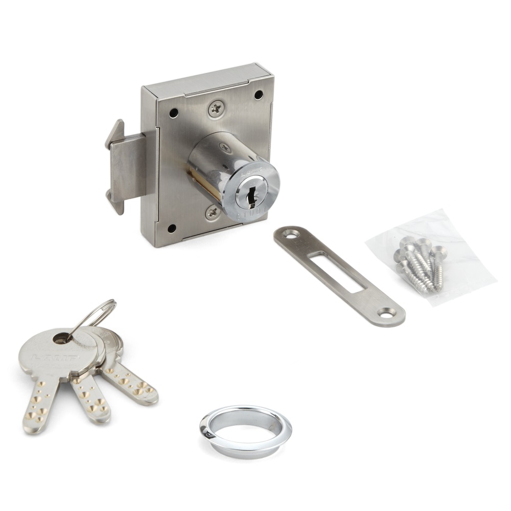 Zámek s posuvnými dveřmi, vyrobený z nerezové oceli SUS304, povrch: chromovaný, provedení: s podobným klíčem, 7810K-24-CR-L-D. Roletový zámek pro posuvné dveře a mnoho dalšího, od Sugatsune / LAMP® (Japonsko)
