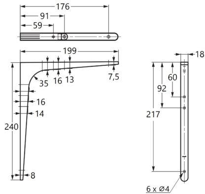 2 kusy vysoce kvalitního odolného montážního držáku, nosnost: 56 kg (124 lbs), povrch: černý, 240 mm (9,5"), BTK-240B. Odolný policový držák pro police, přepážku, polici, rohové spojení a mnoho dalšího, od Sugatsune / LAMP® (Japonsko) - Obrázek 2